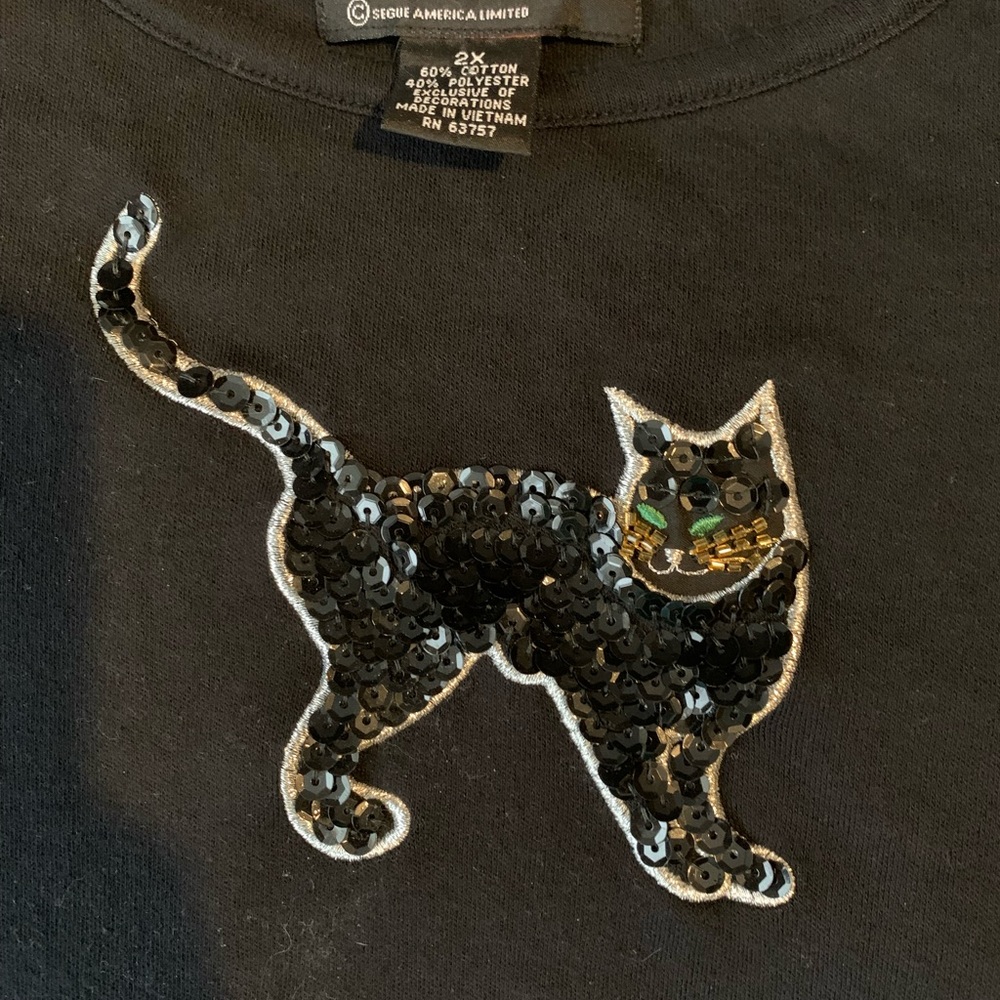 Sequined black cat long sleeve black tee shirt 2xl